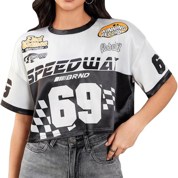 Chic Women's Jersey Shirt - Loose Fit Color Block Crop Top for Everyday Style - Picture 1 of 6
